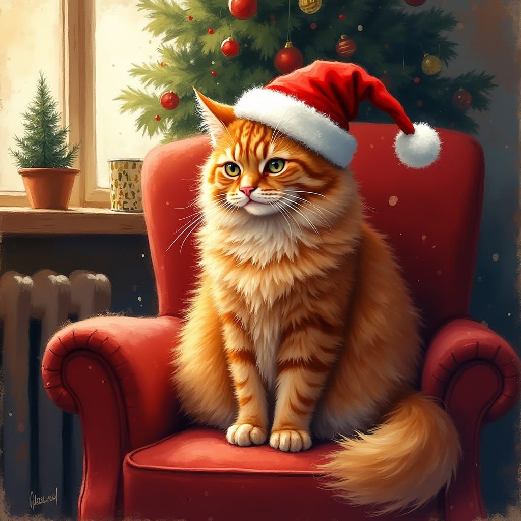 Fluffy Cat in Santa Hat by Warm Christmas Light