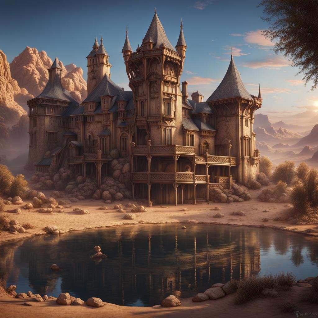 Desert Manor House with Lake: Detailed Matte Painting