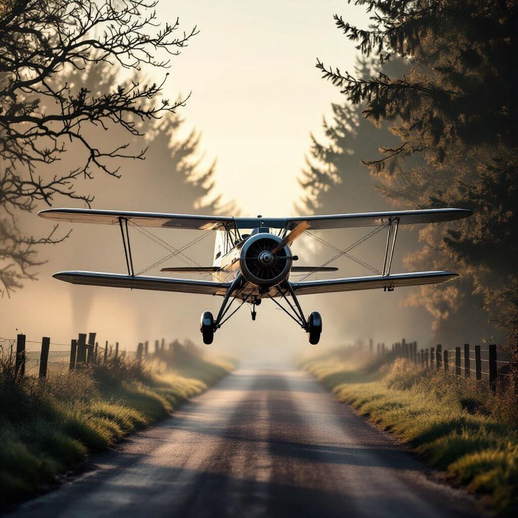 Vintage Biplane Soaring Above Misty Country Lane