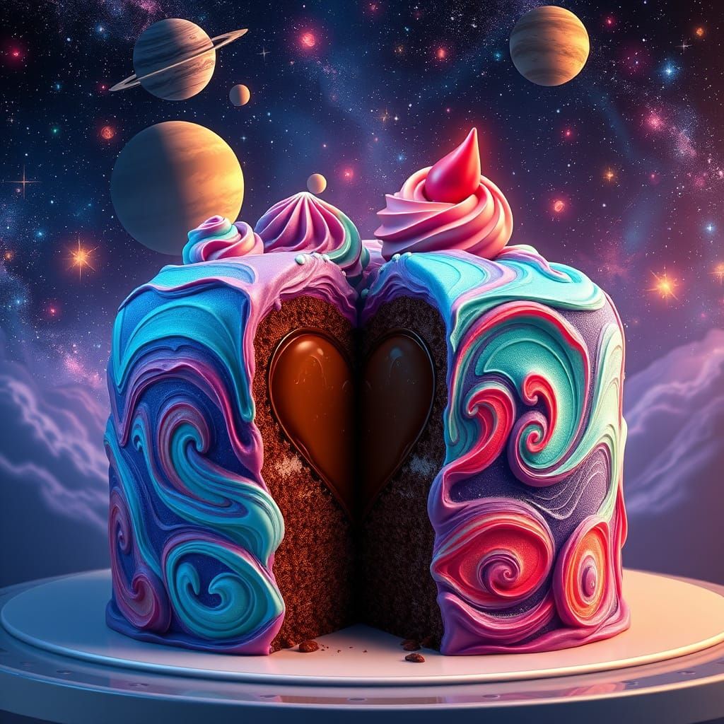 Celestial Cake Masterpiece with Chocolate Heart and Cosmic F...