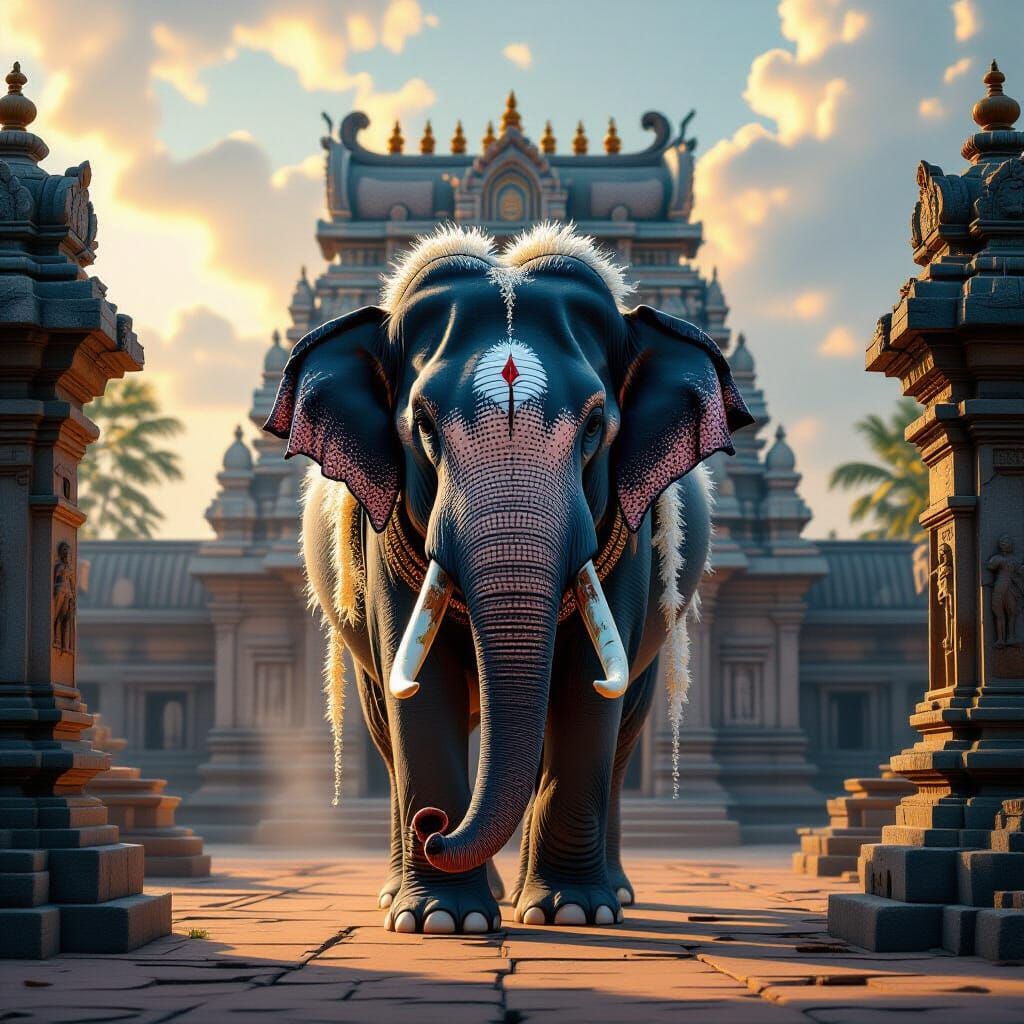 White Elephant Guarding Ancient South Indian Temple