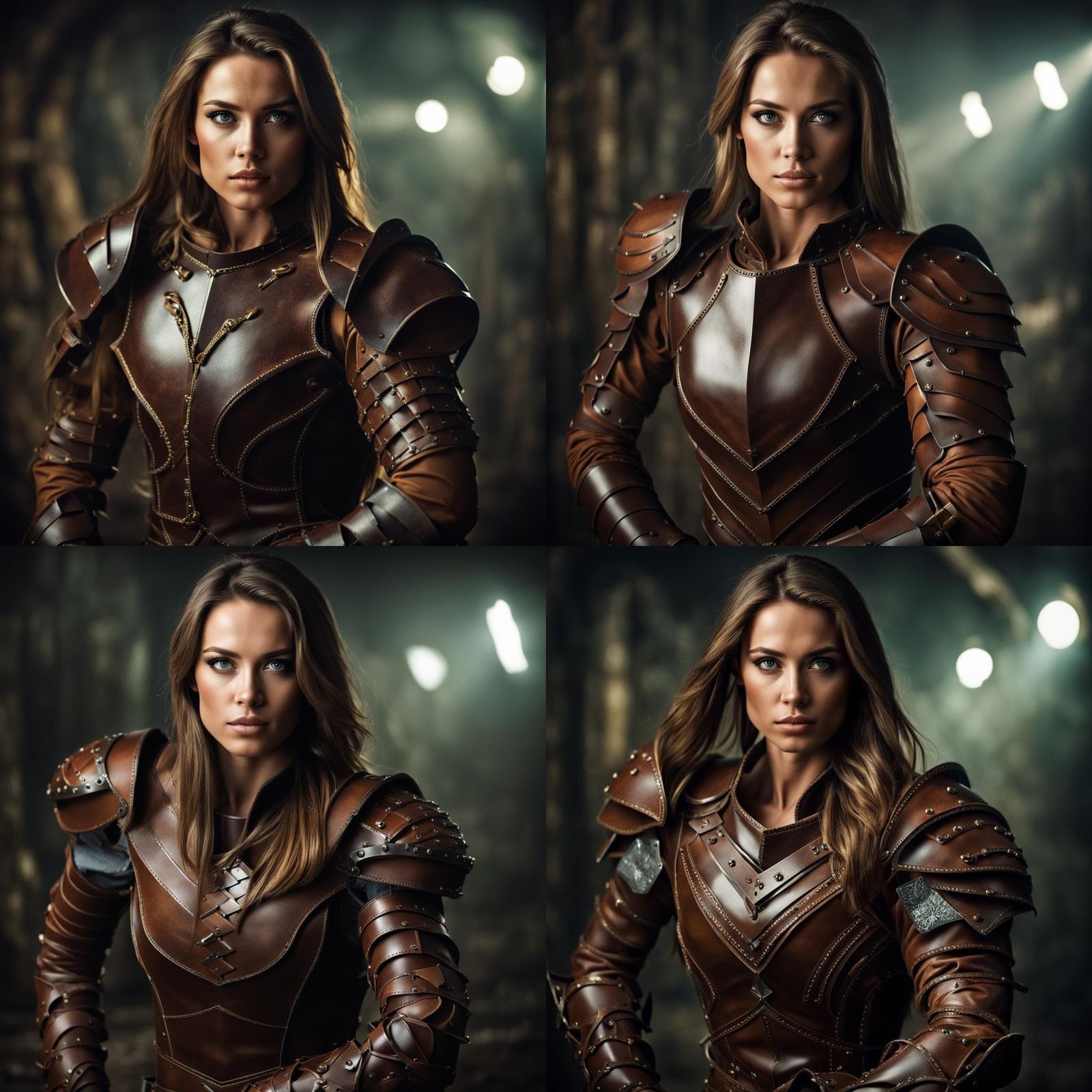 Strong Woman in Leather Armor in Dark Dungeon