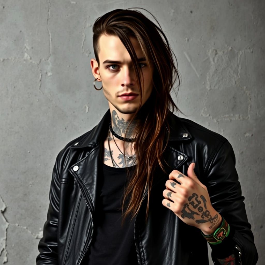 Young Man in Leather Jacket, Grunge Poster Style