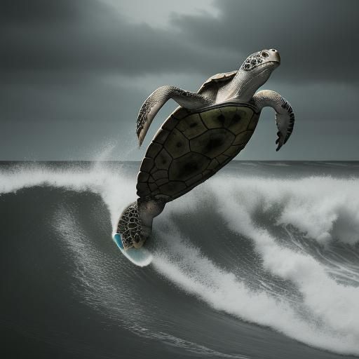 Hyperrealistic Turtle Surfing a Wave