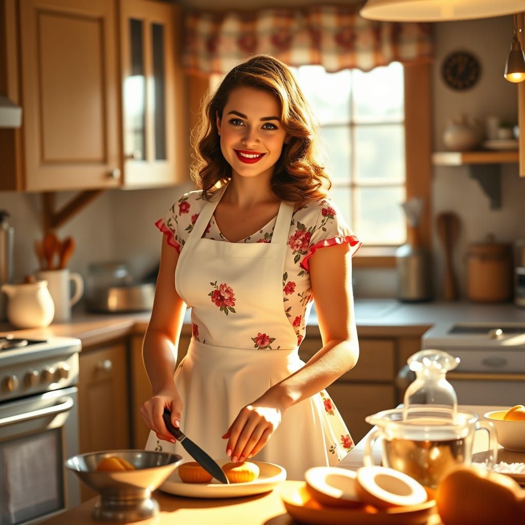 Vintage Homemaker Radiates Warmth in 1950s Kitchen Setting