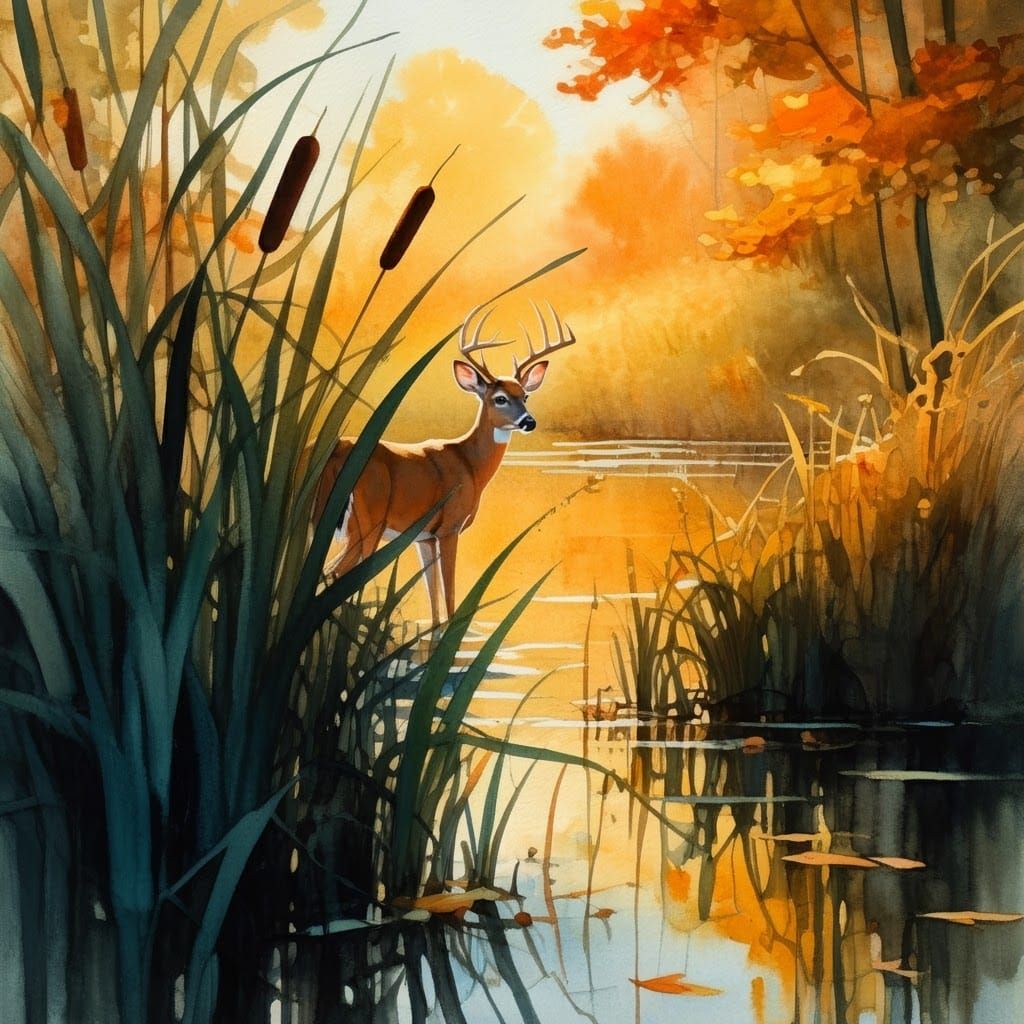 Watercolor Painting of White-Tailed Deer in Autumn