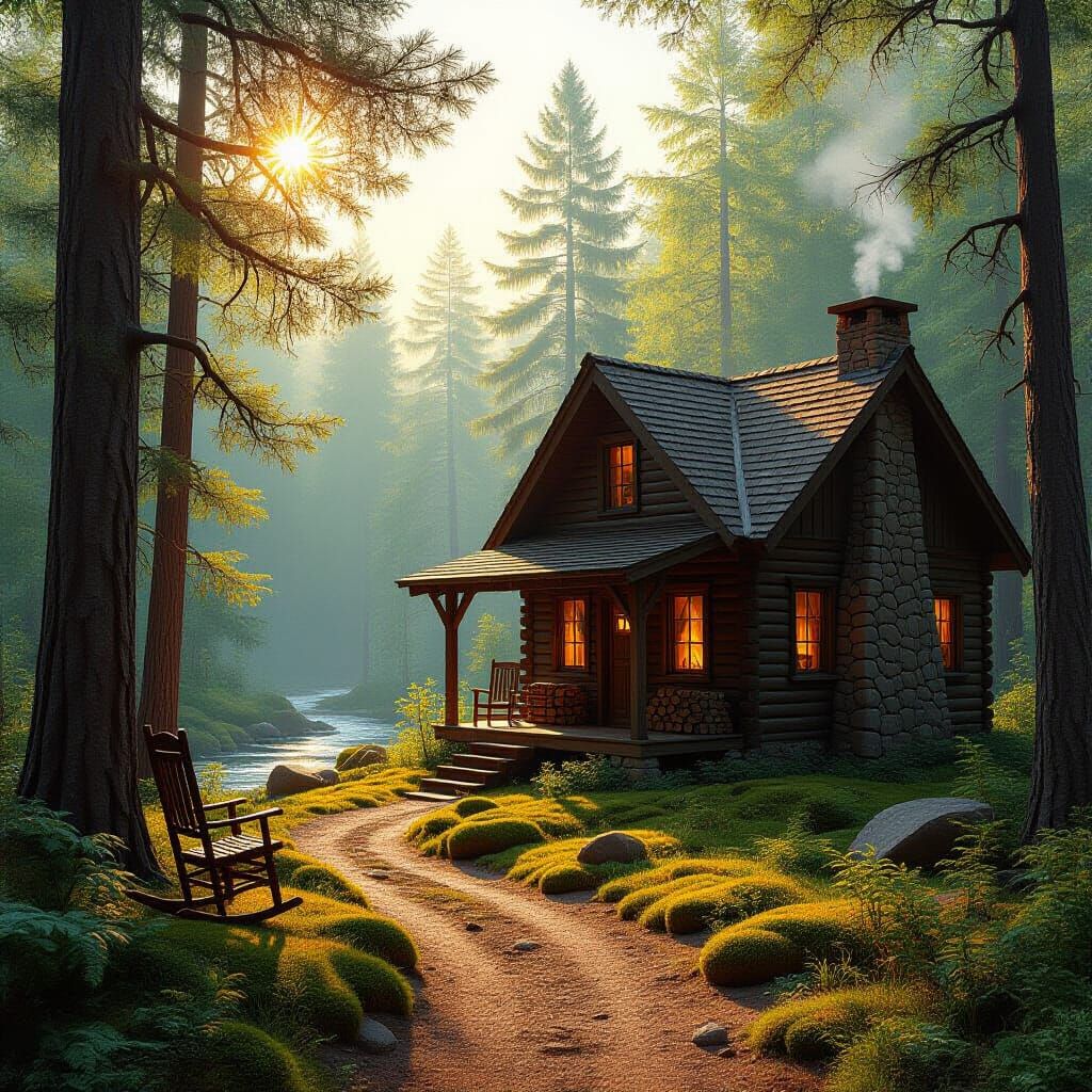 Cozy Forest Cabin with Golden Sunlight and Stream