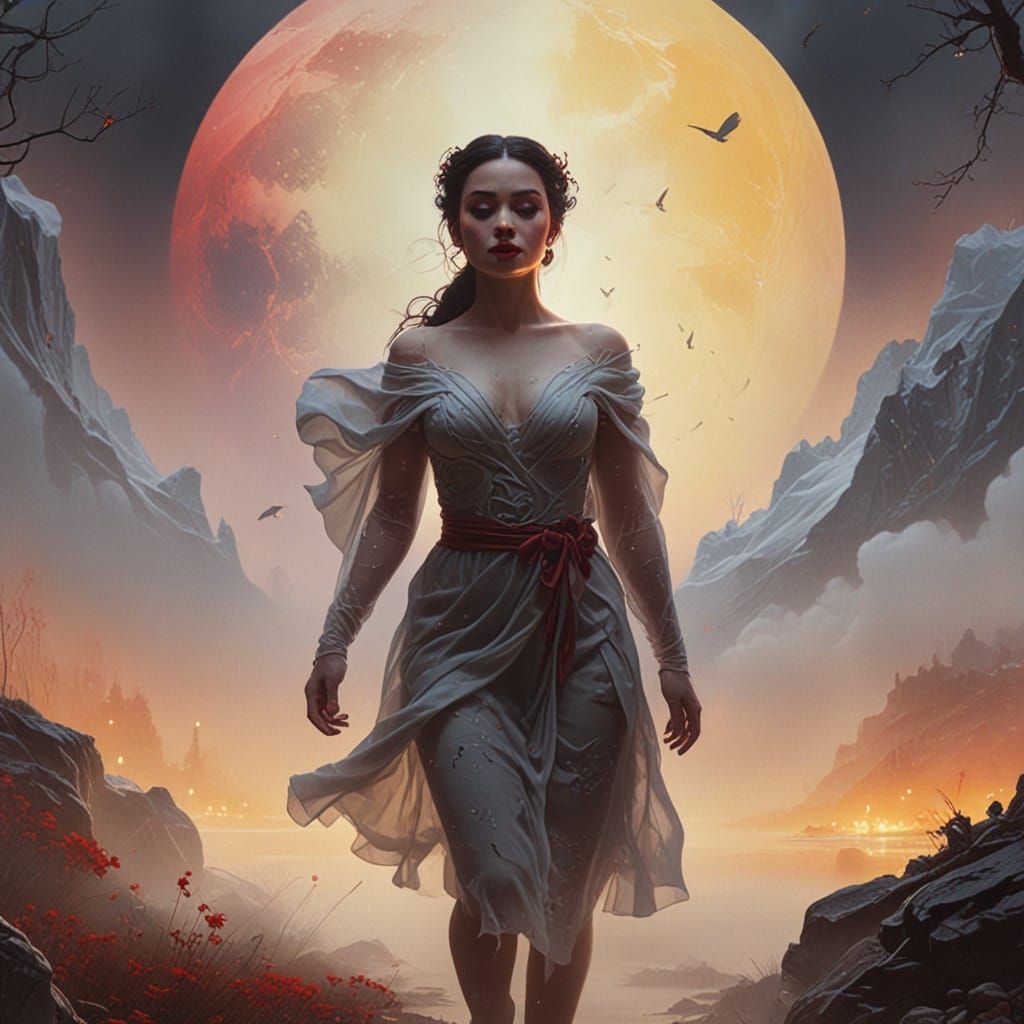 Ethereal Woman in Foggy Forest Oil Painting