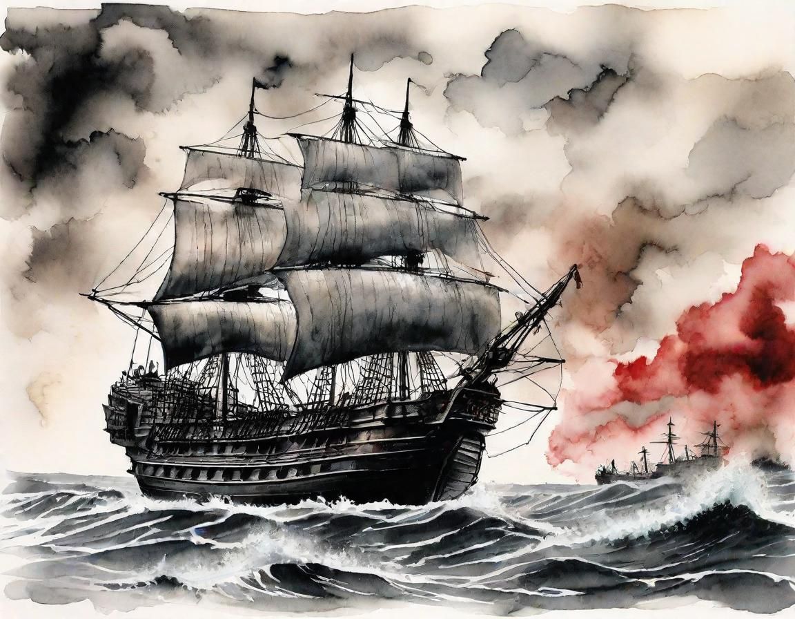 Pirate Ship Battle on Stormy Seas in Ink Painting Style