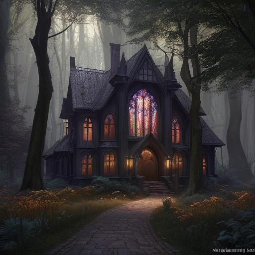 Evening Home in Woods with Lit Path