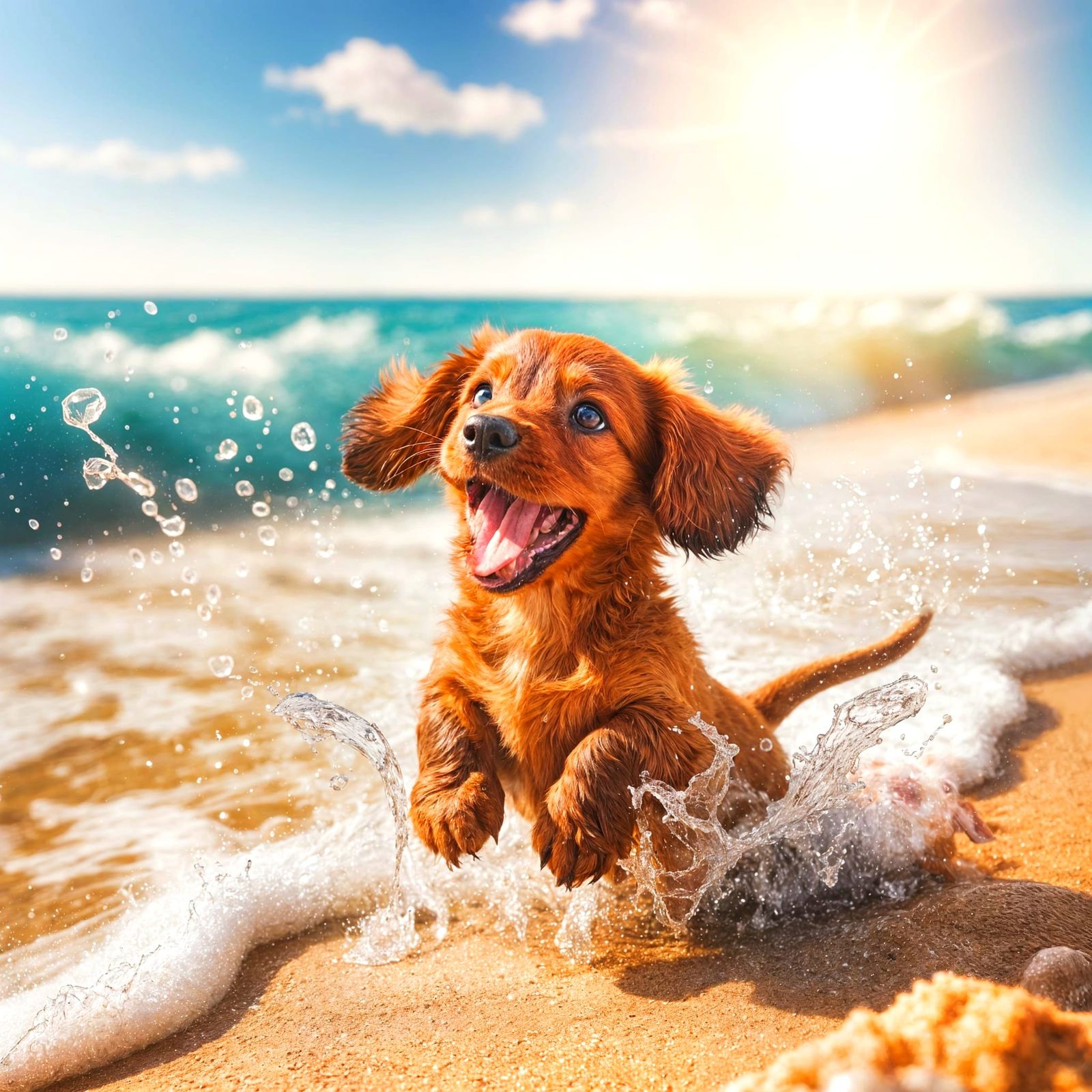 Joyful Dachshund Puppy Splashing in Summer Waves