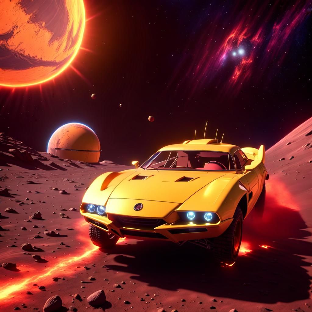 Fiery Yellow Car Zooms Towards Mars in Anime Style