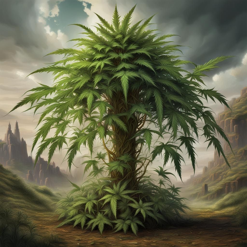 Decorated Hemp Plant in Digital Matte Painting Style