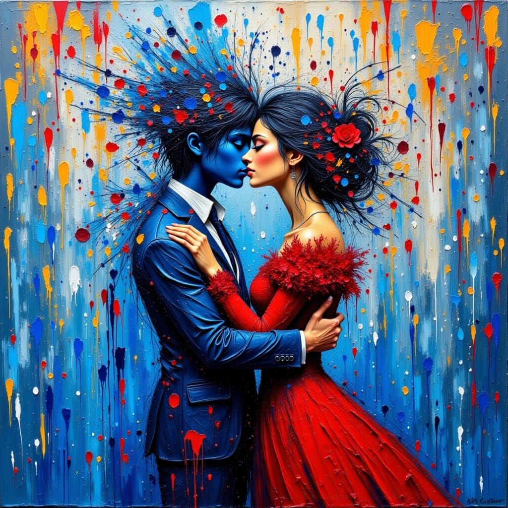 Passionate Kiss Under Cobalt Rain, as Oil Painting