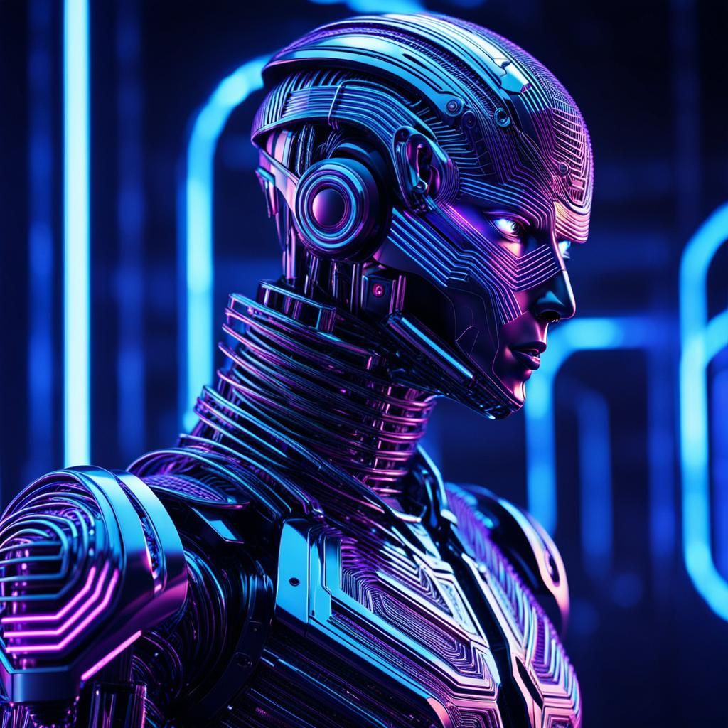 Cyberpunk Android with Intricate Metal Geometric Patterns