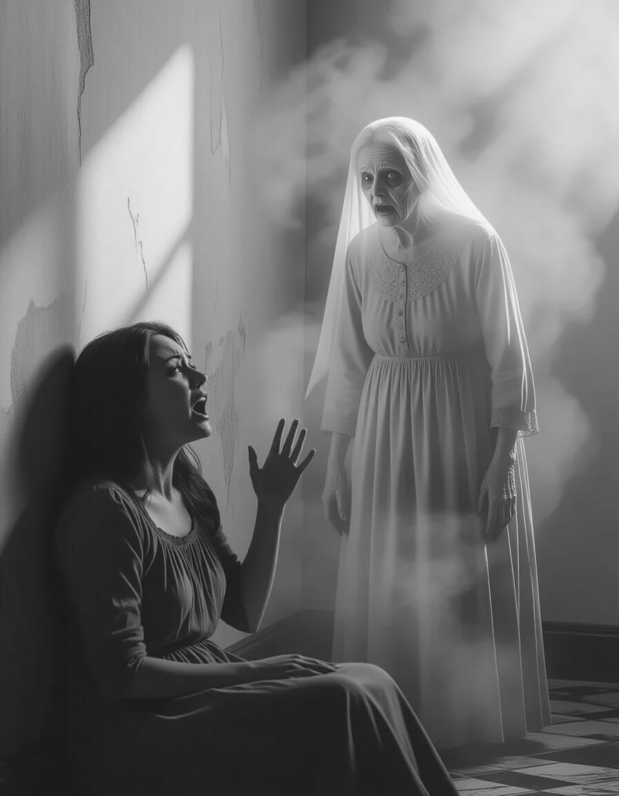 Frightened Woman Confronts Ghost in Sepia Tones