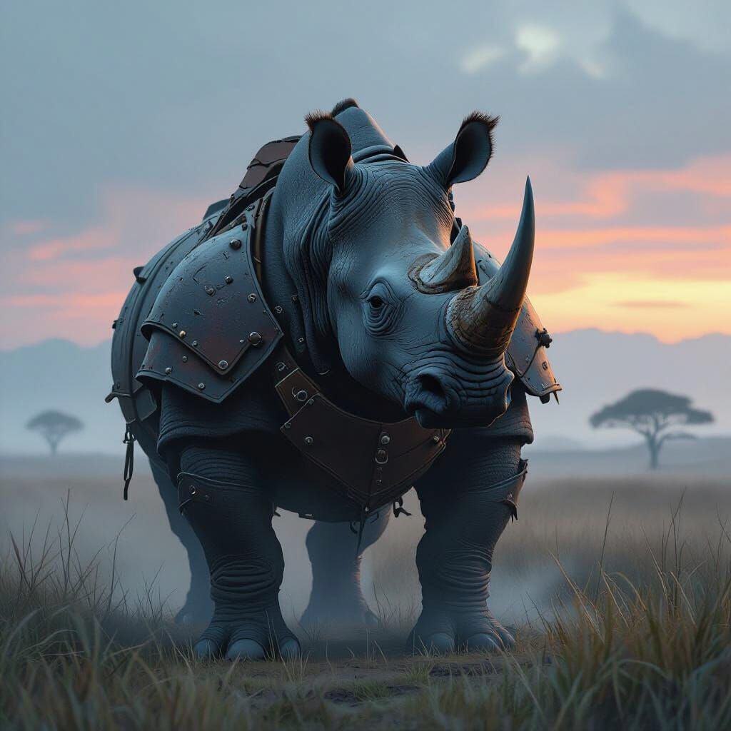 Armored Rhino in Misty Savannah, Painterly Digital Art