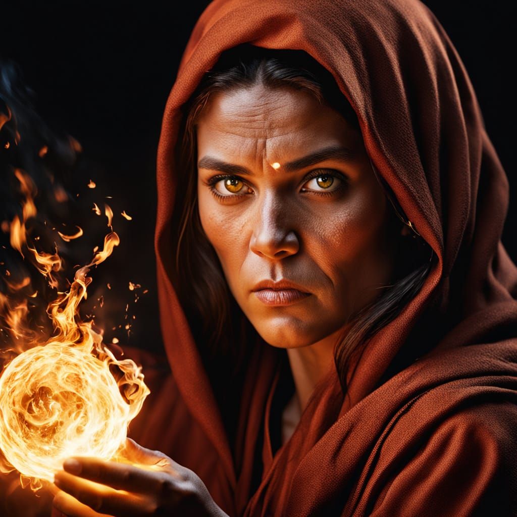 Sorceress Casting a Blazing Fireball in Close-Up Portrait