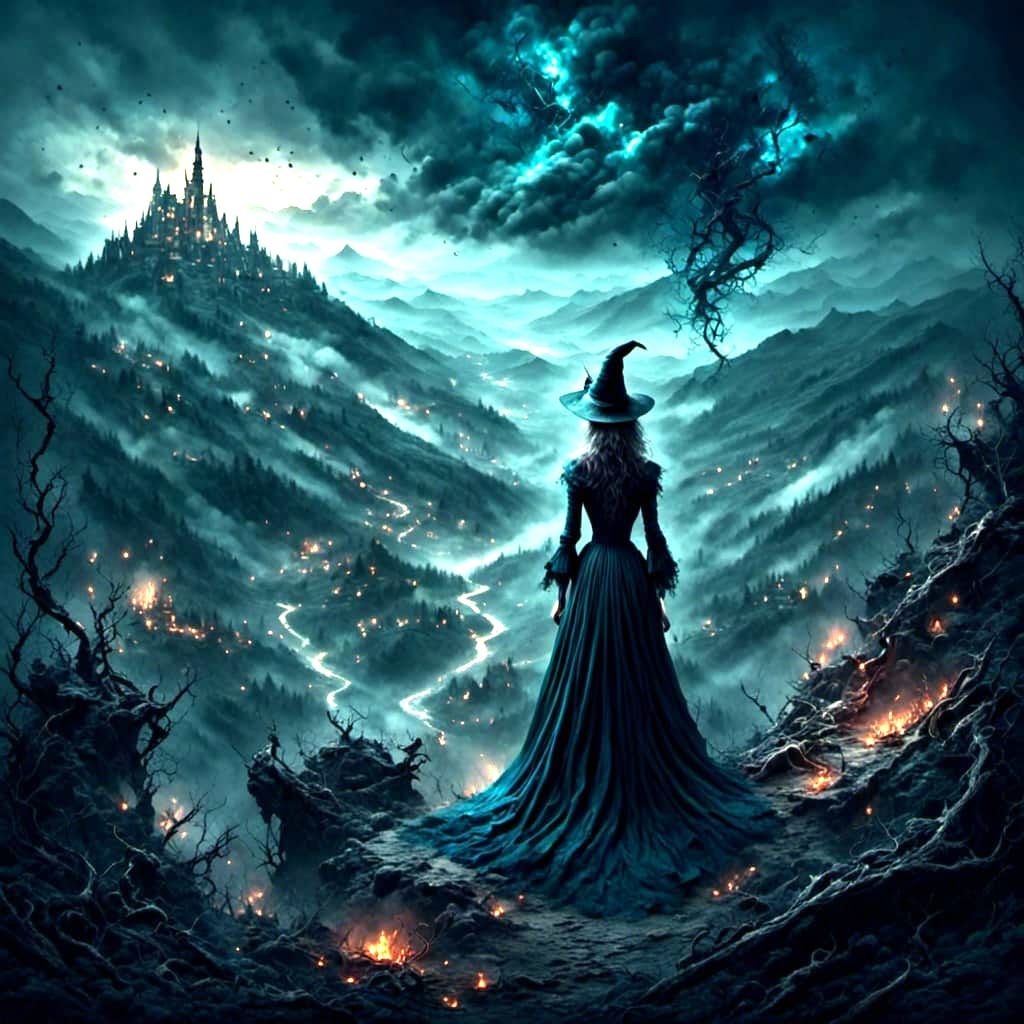 Enchanting Witch Casting Spell on Village Below