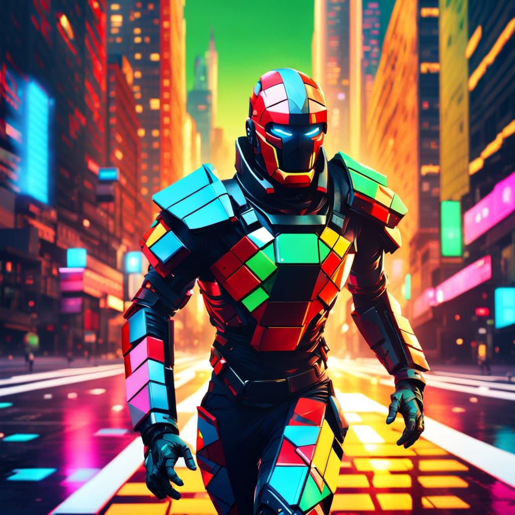 Geometric Humanoid Sprinting Through Neon Cityscape