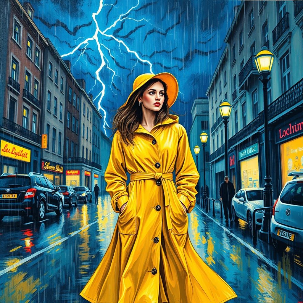 Young Woman in London Thunderstorm, in Neo-Impressionist Sty...