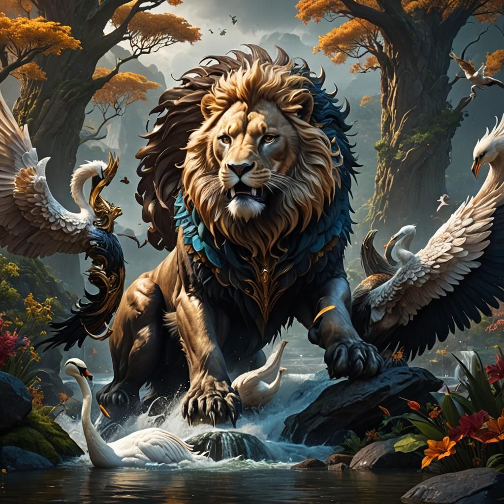 Swan Lion Wolverine Hybrid: Mythical Creature Art