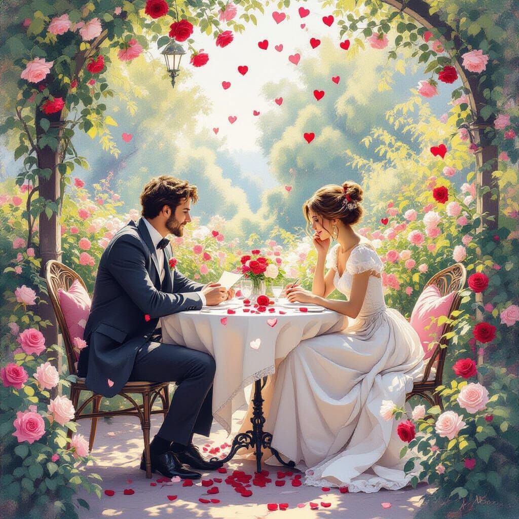 Romantic Couple Shares Love Notes Amidst Falling Roses
