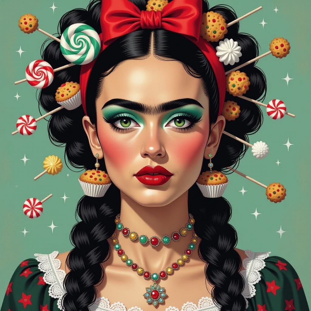 Surreal Candy Witch Portrait in Frida Kahlo Style