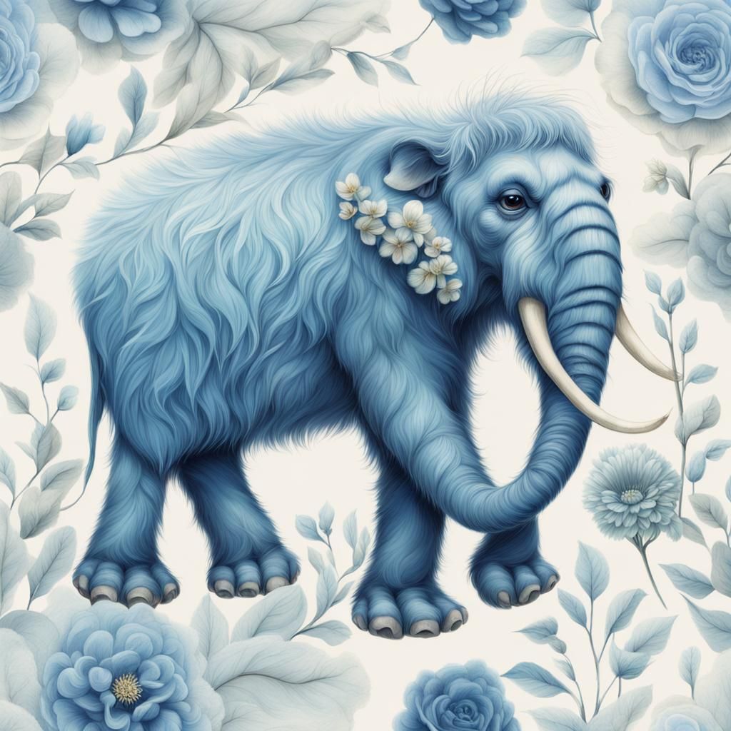 Adorable Fluffy Blue Mammoth in Digital Art