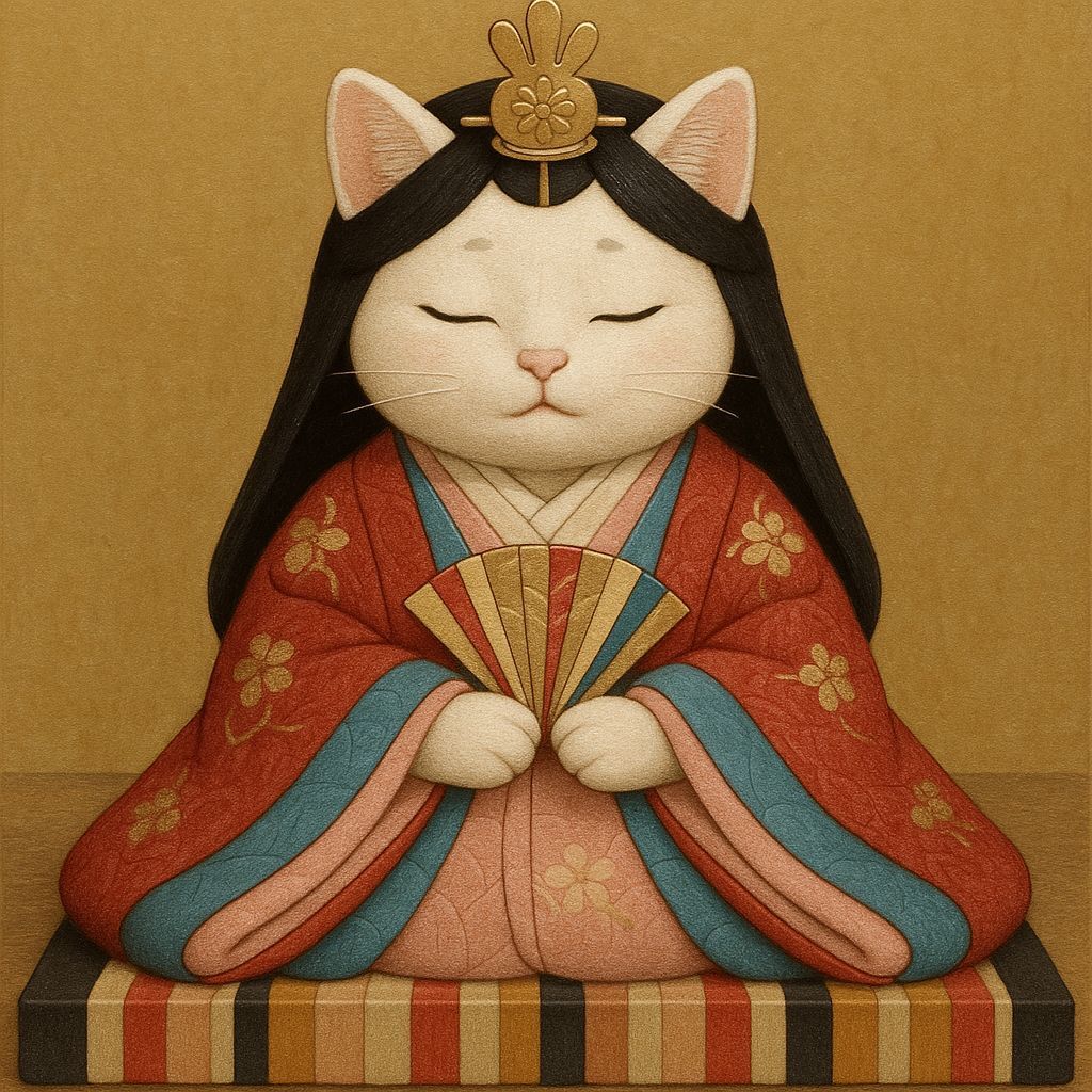 Cat as Serene Japanese Hina Doll in Kimekomi Style