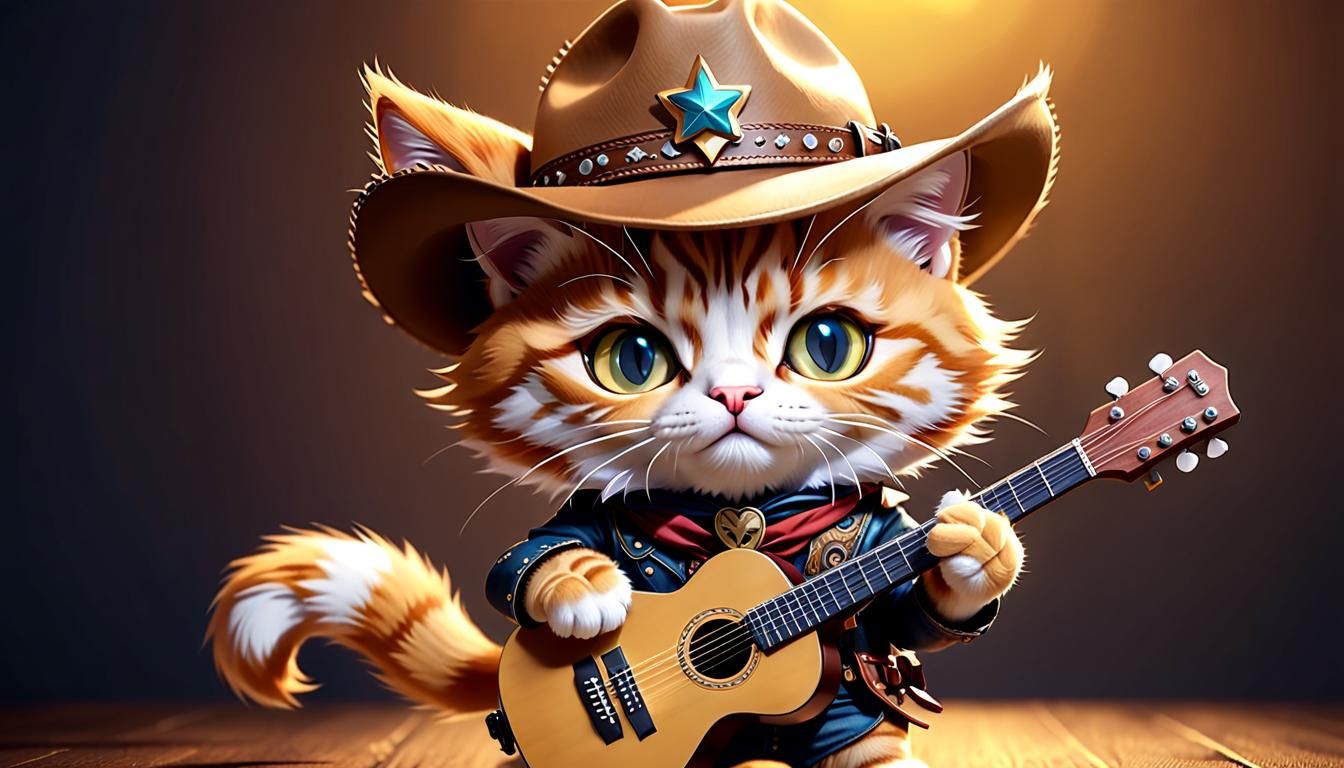 Chibi Kitten Cowboy Musician Portrait