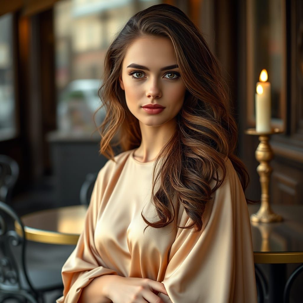 A cinematic portrait photograph captures a young woman with cascading, wavy brown hair and deep, expressive brown eyes, ...
