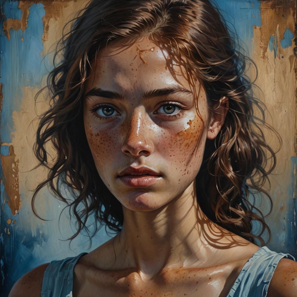 Beautiful Freckled Woman Portrait in Oil Painting Style