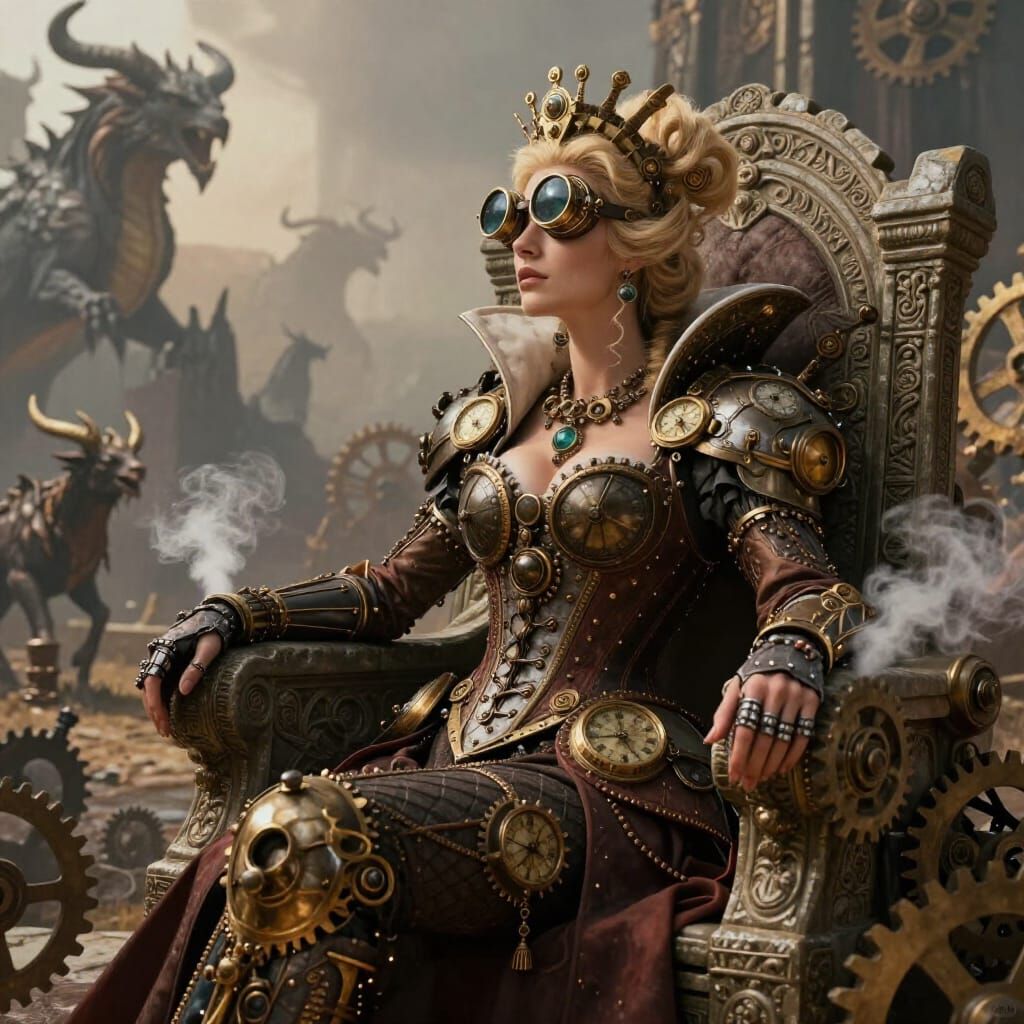 Steampunk Queen on Battlefield in Concept Art Style