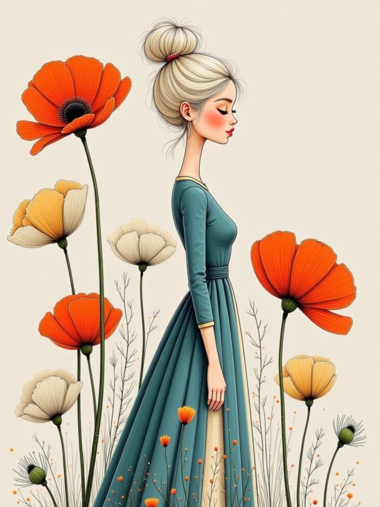 Elegant Woman in Fitted Dress Surrounded by Poppies