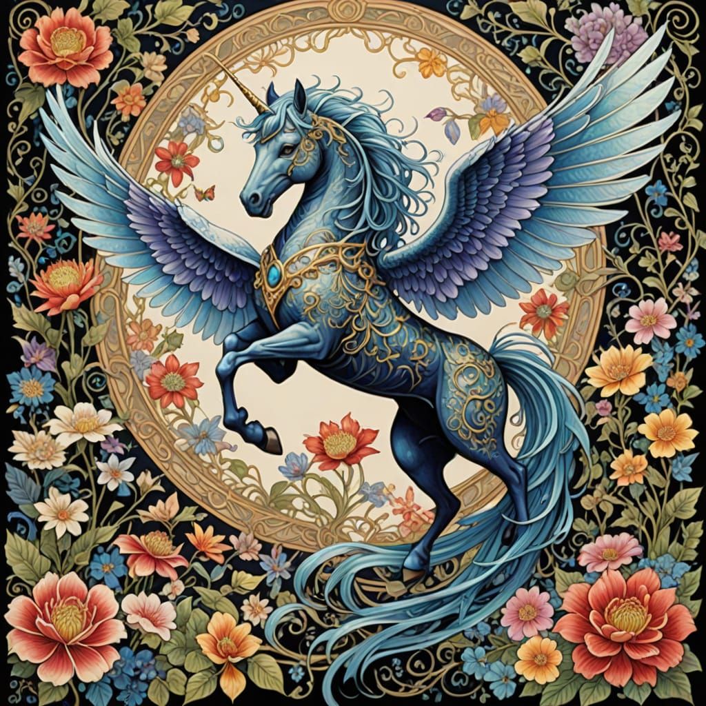 Metallic Pegasus in Botanical Garden, Anime-Inspired Art