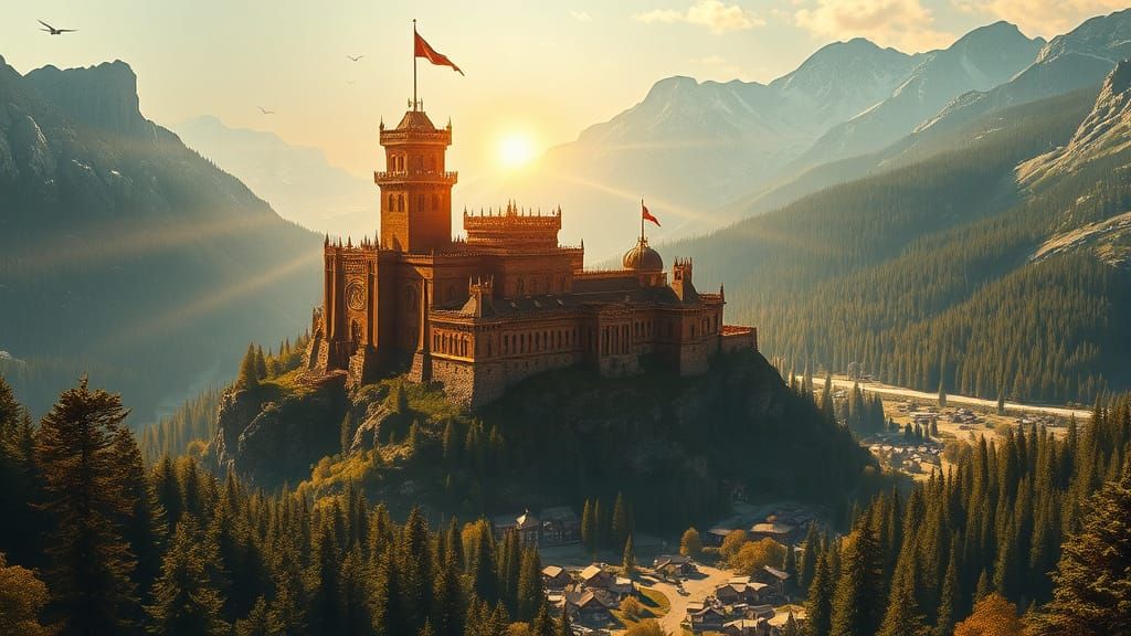 Golden Viking Citadel Radiates Warmth Amidst Emerald Pine Va...