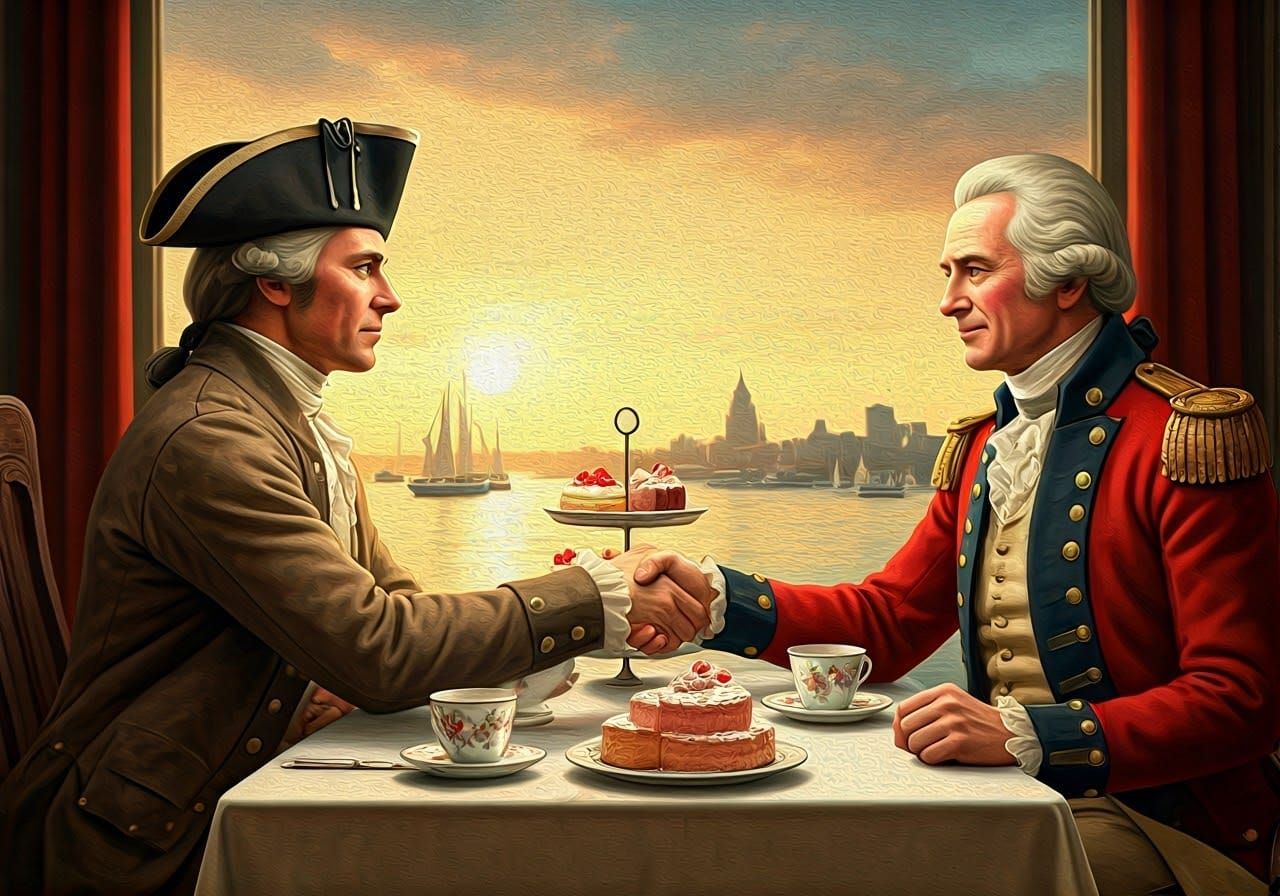 18th Century Diplomats Share Tea in Boston Harbour at Sunset
