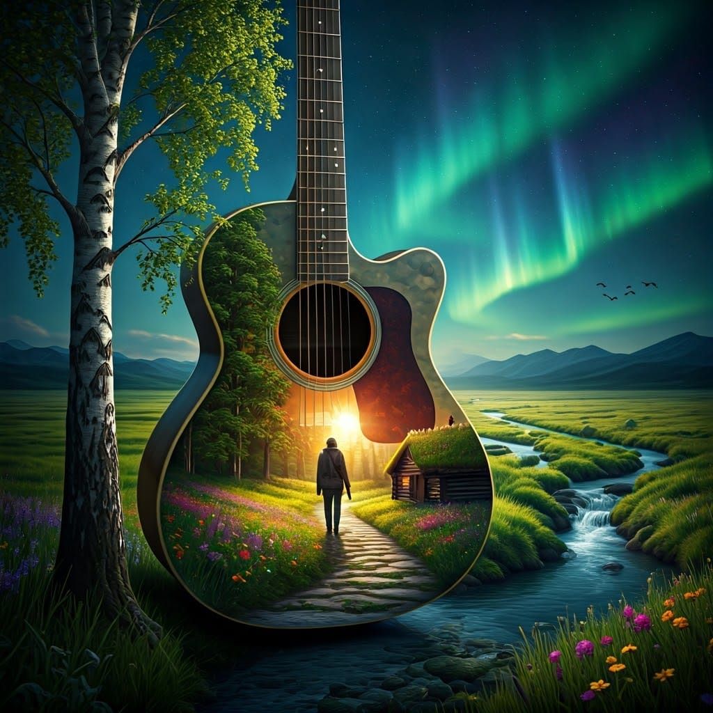Surreal Guitar Landscape with Aurora Borealis