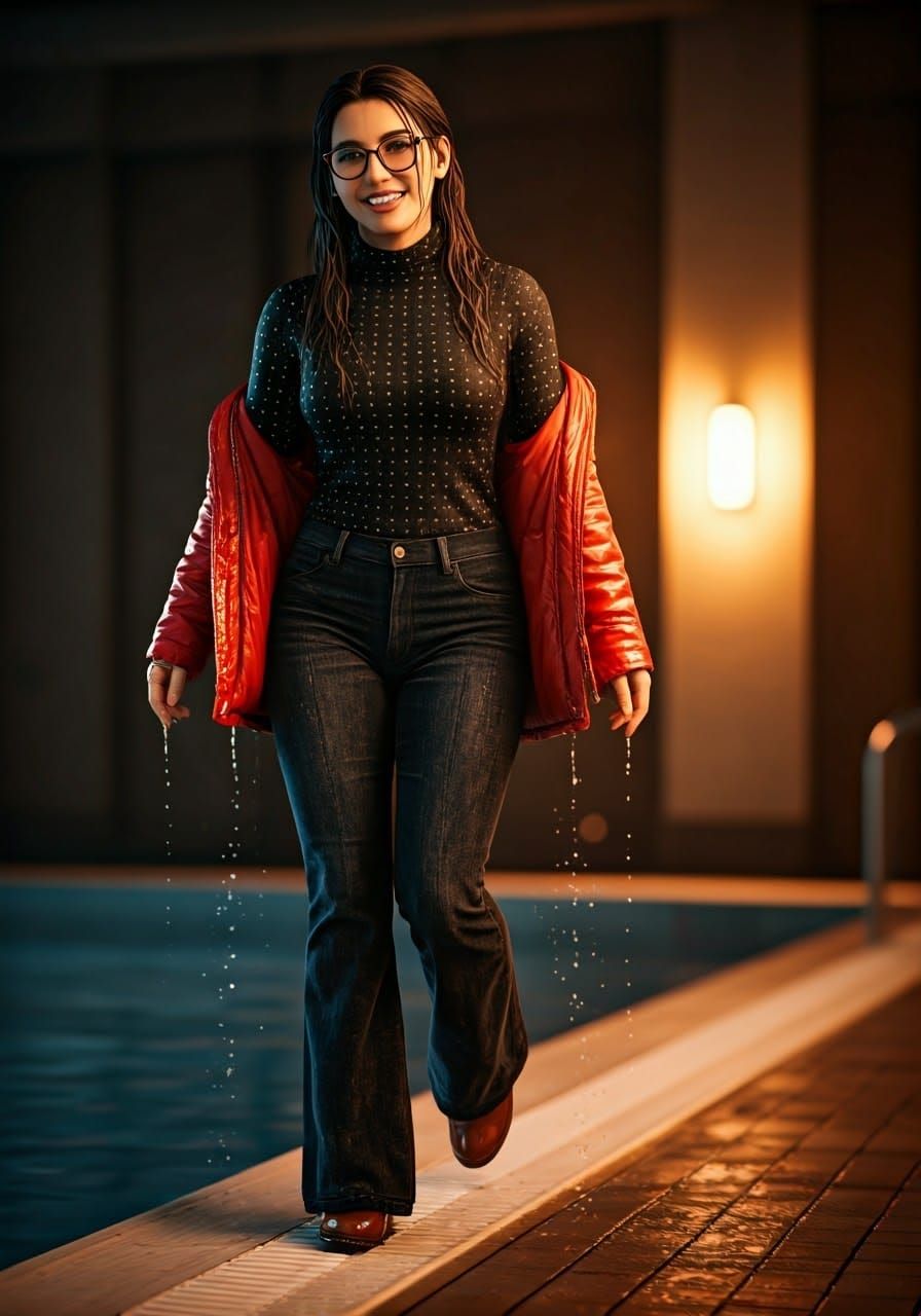 Wet and Carefree, Elegant Brunette Wades into the Pool