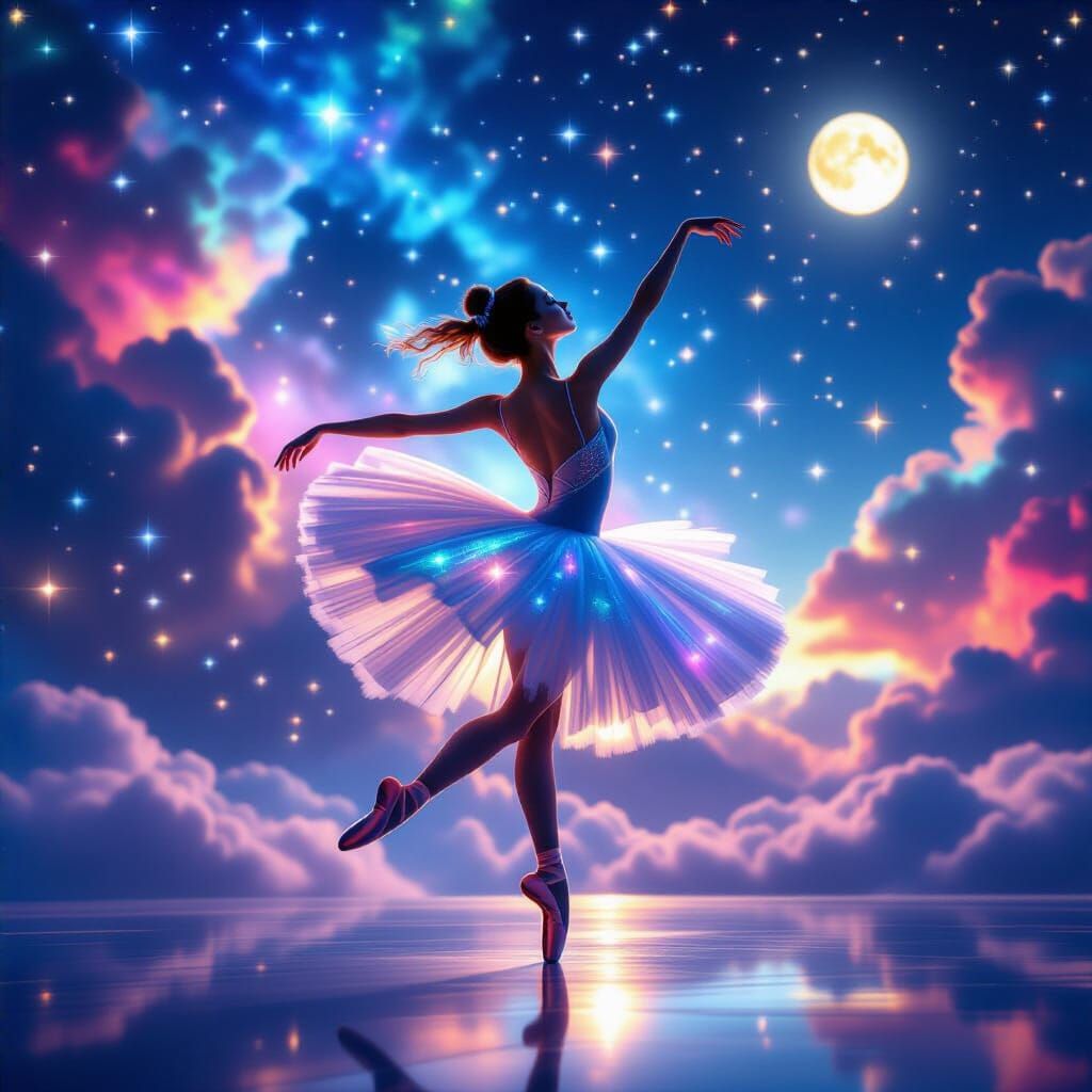 Ballerina Dancing Among Stars in Dreamlike Digital Art