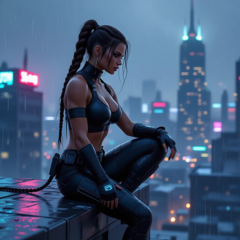 Cyberpunk Bounty Hunter in Rainy Neon City