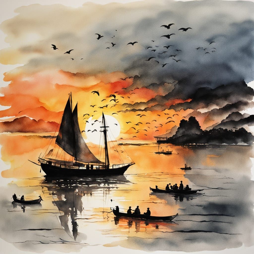 Ethereal Sailing Scene in Vibrant Chinese Ink Style