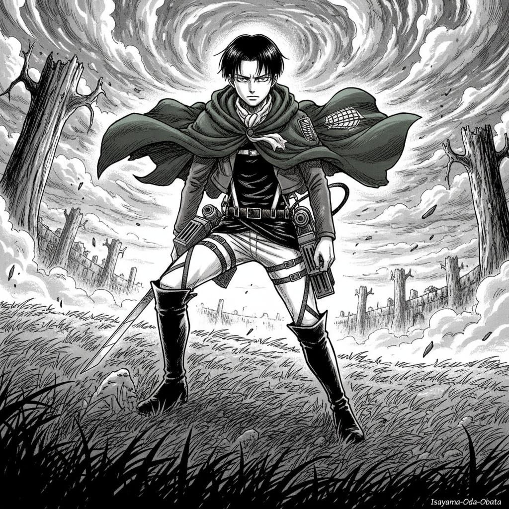 Levi Ackerman in Dynamic Manga Style on Grassy Hill