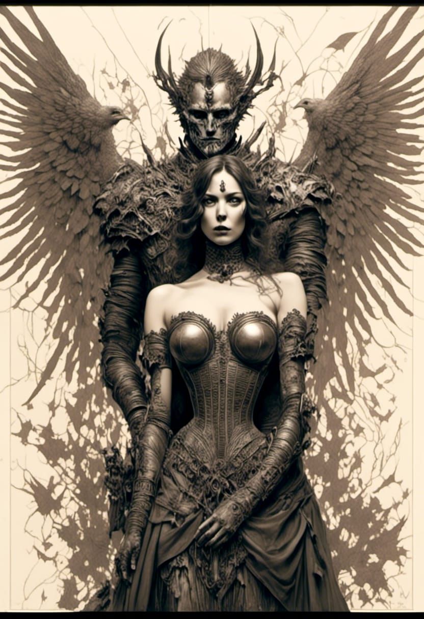 Winged Assassin Embraces Oracle in Surreal Comic Style