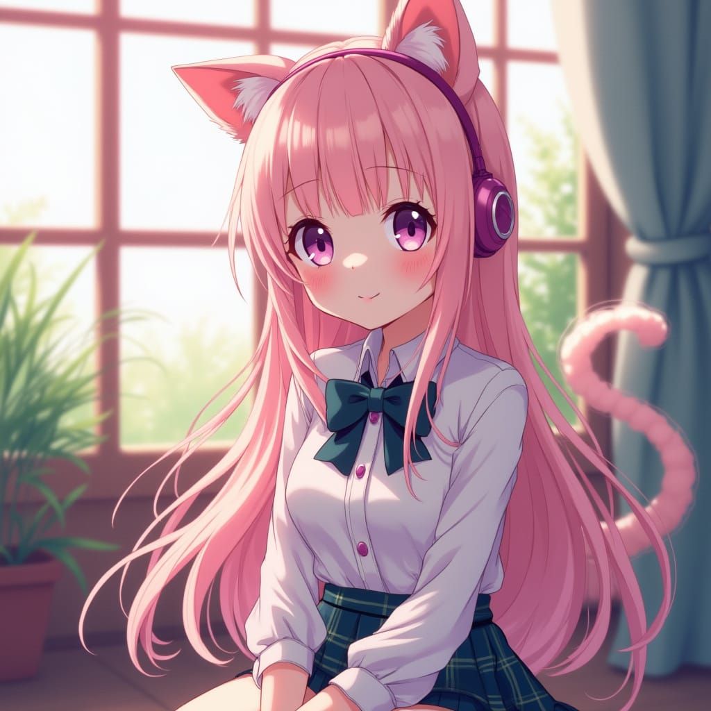 Cute Anime Girl in Pastel Pink Headphones