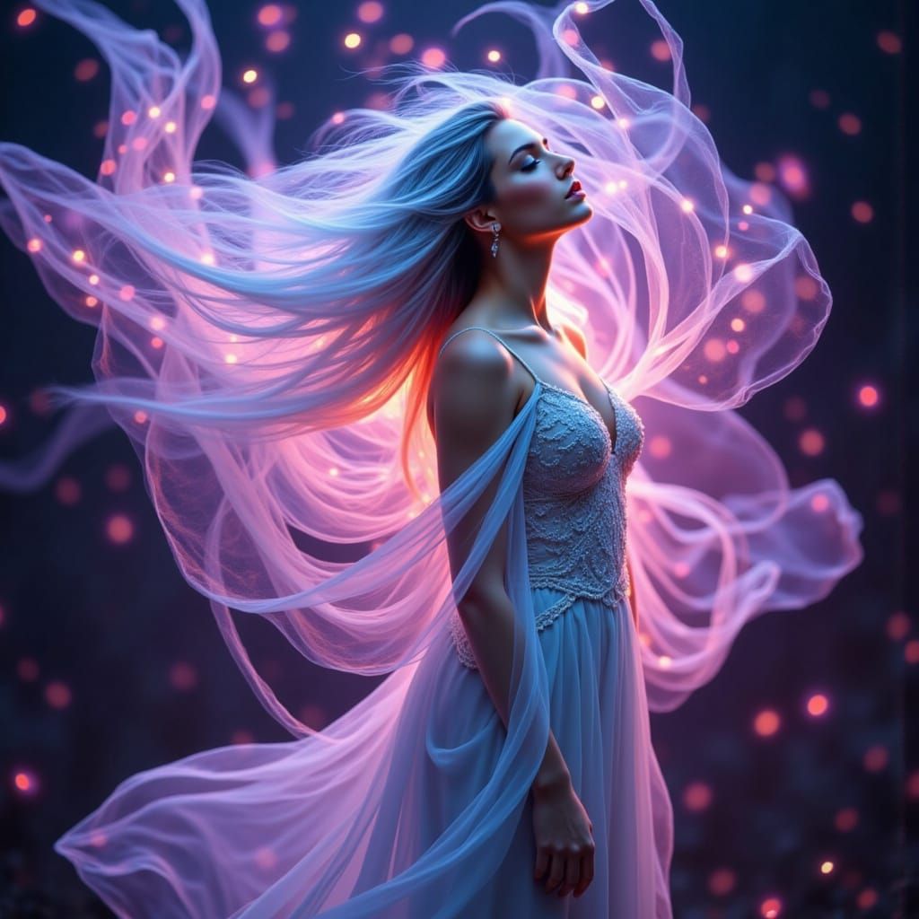 Ethereal Goddess in Crystal Gown Radiates Soft, Otherworldly...