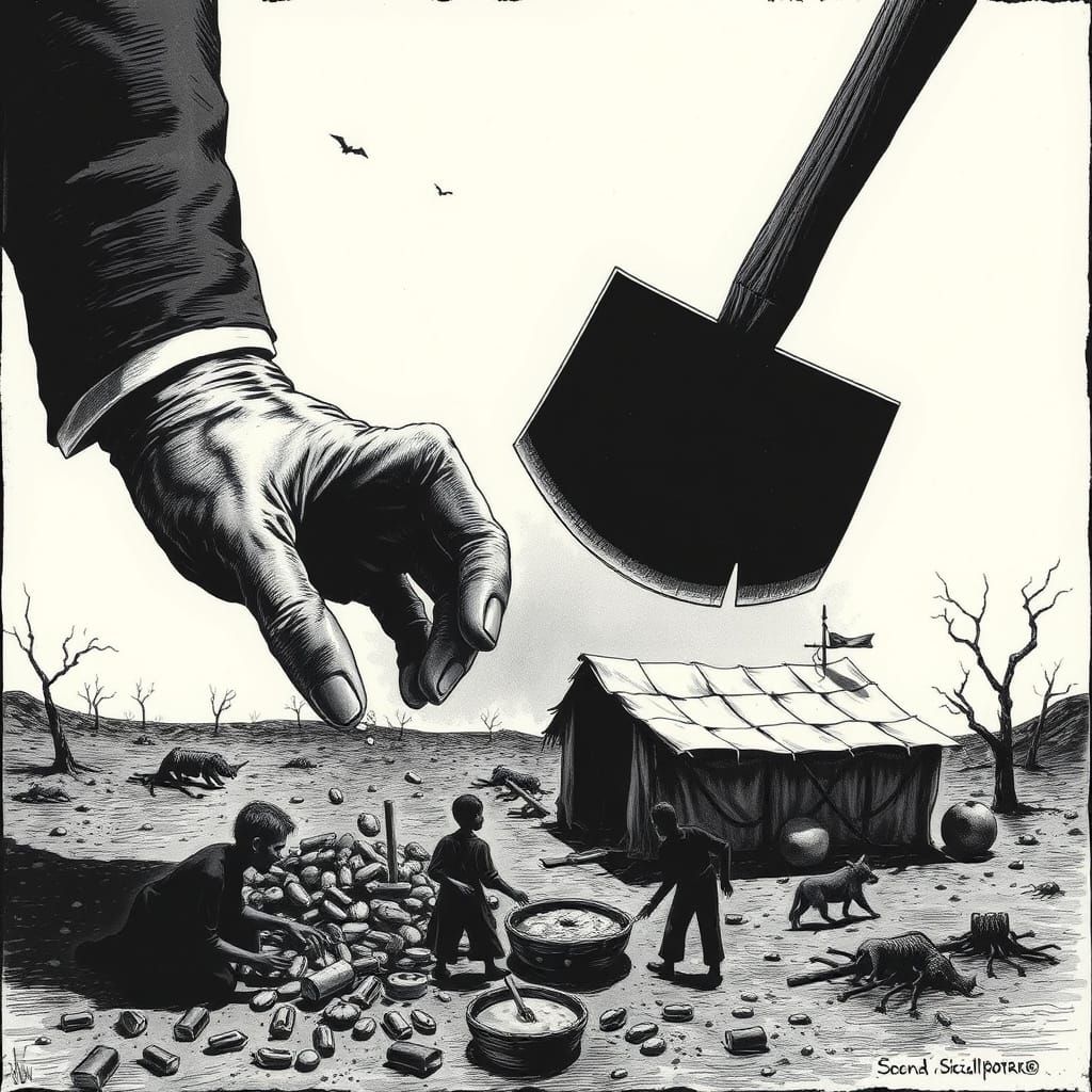 Grim Hand Threatens the Poor: Political Illustration