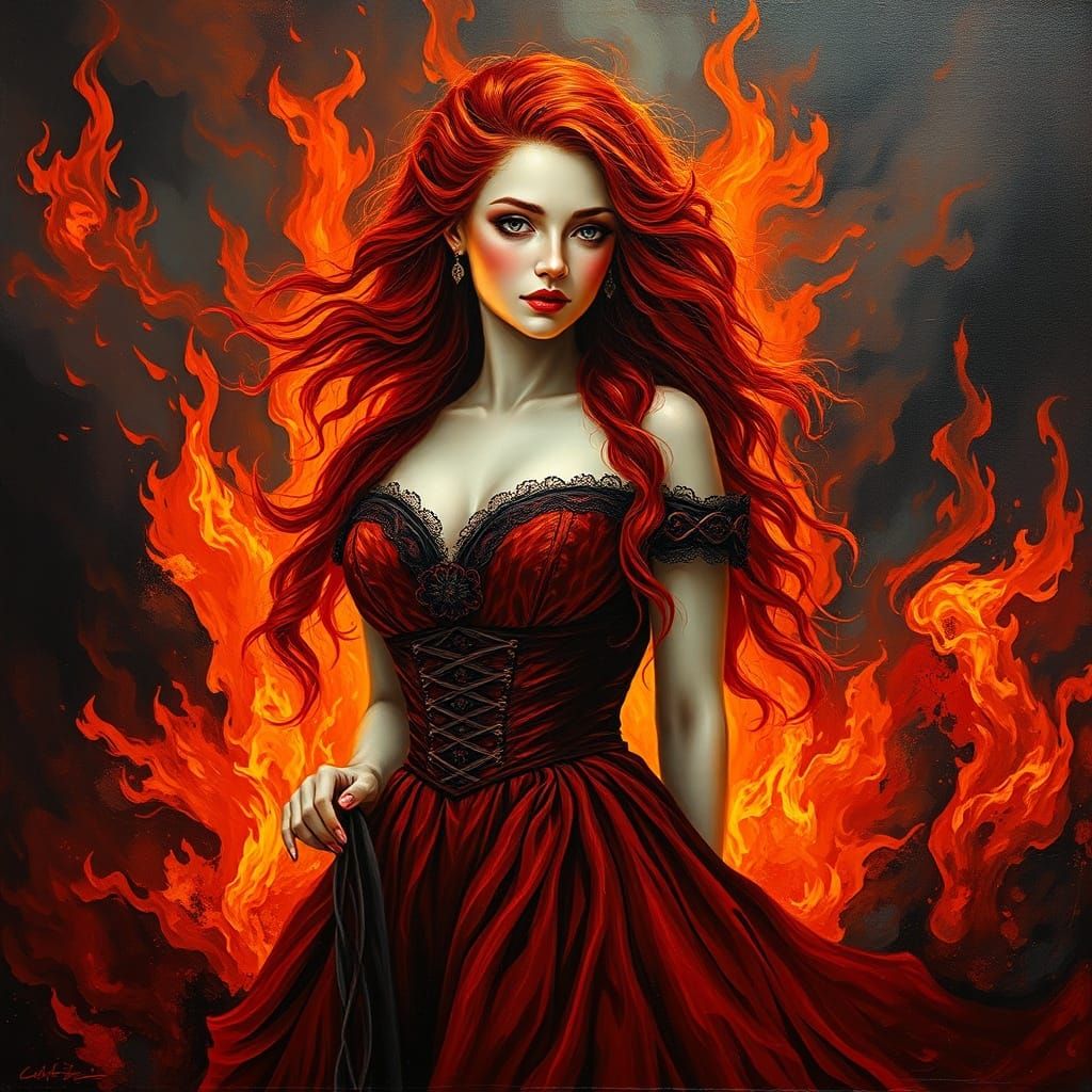 Victorian Beauty Amidst Roaring Flames Oil Painting