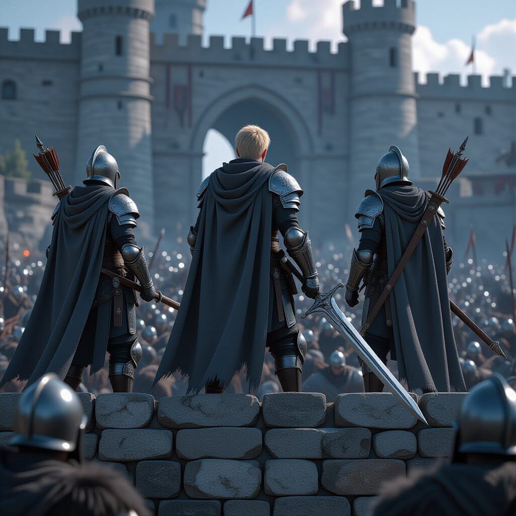 Armored Warriors with Crossbows and Sword Defend Stone Wall